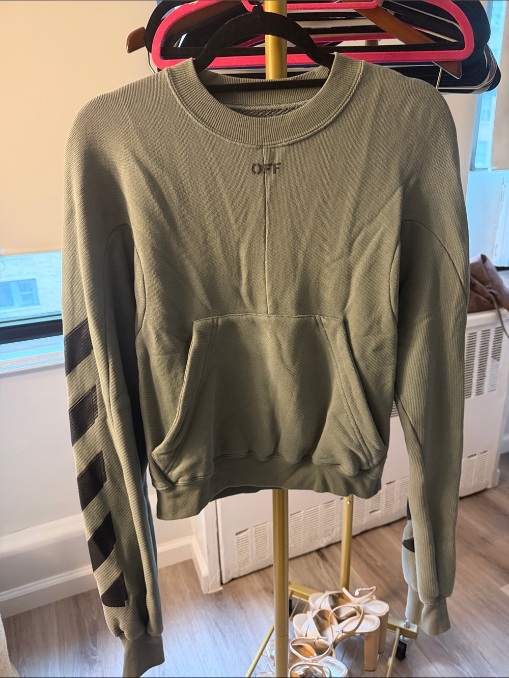 Off White Crewneck Sweater in Olive Green
